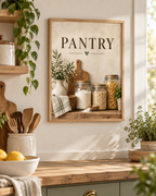 Rustic pantry artwork with glass storage jars, wooden chopping board, ceramic jug, white flowers and PANTRY lettering styled in a kitchen