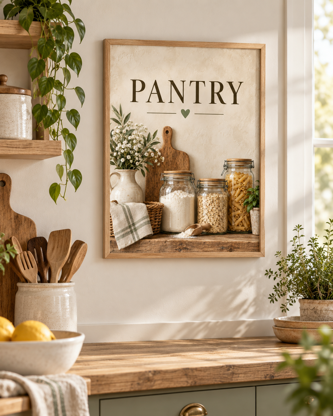 Rustic pantry artwork with glass storage jars, wooden chopping board, ceramic jug, white flowers and PANTRY lettering styled in a kitchen