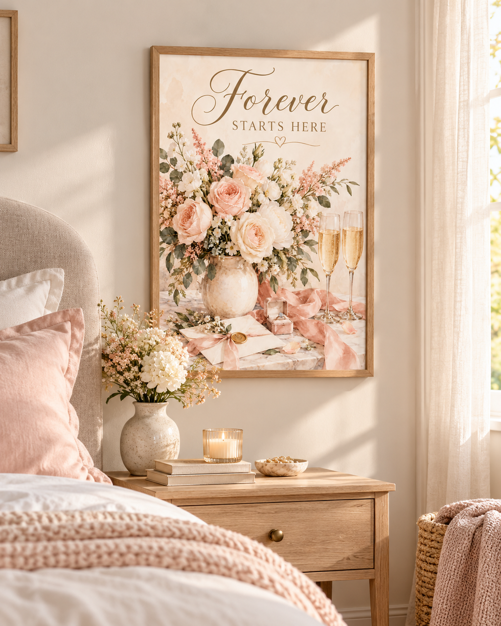Forever Starts Here wedding artwork with blush and ivory roses, muted green foliage, champagne glasses, engagement ring, ribbons and wedding stationery styled in a bedroom