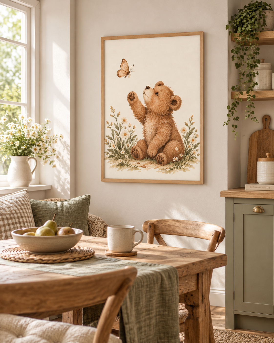 Watercolour teddy bear raising a paw towards a butterfly among daisies and soft foliage styled in a nursery