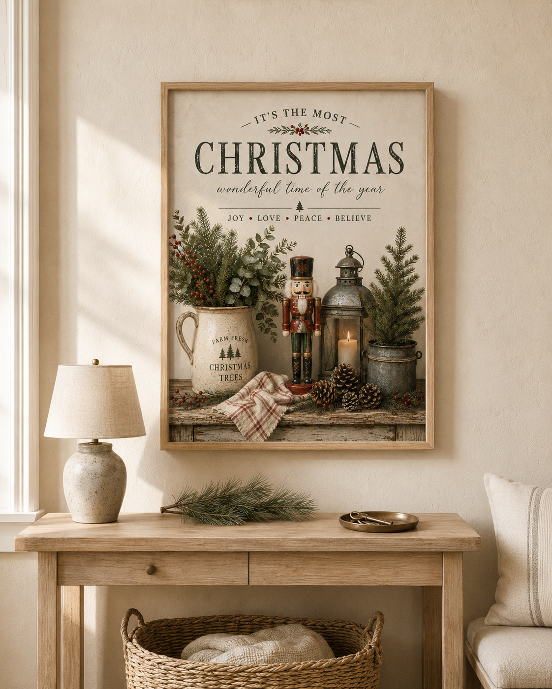 Rustic Christmas nutcracker, evergreen foliage, red berries and candlelit lantern beneath vintage Christmas typography styled in a hallway