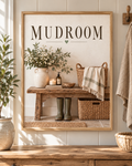 Mudroom artwork with green wellies, country flowers, baskets and rustic bench; print only, frame not included
