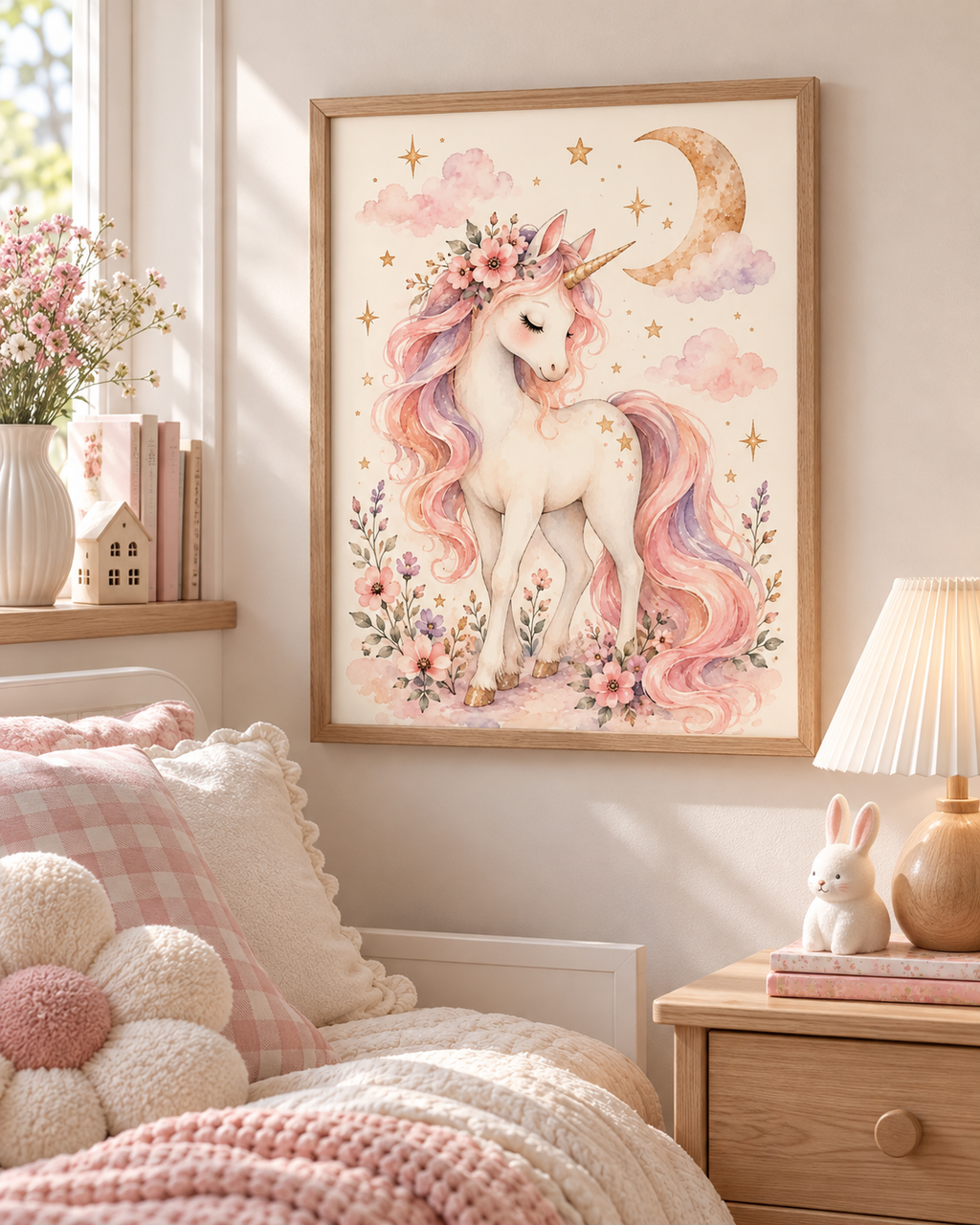Pink and lilac watercolour unicorn with floral crown, golden crescent moon and stars styled in a bedroom