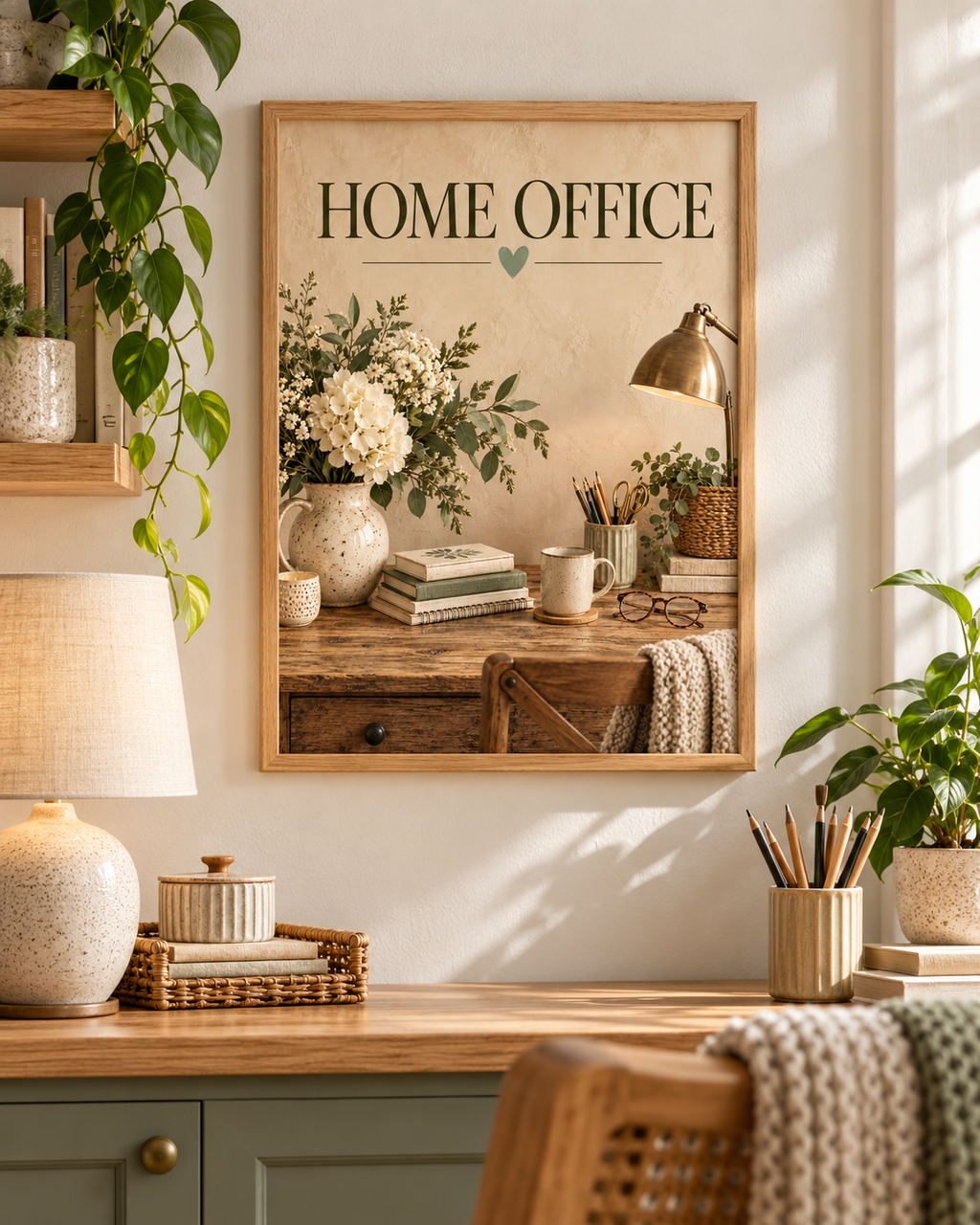 Home Office typography with a wooden desk, books, stationery, coffee mug, desk lamp and white florals styled in a home office