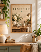 Home Office typography with a wooden desk, books, stationery, coffee mug, desk lamp and white florals styled in a home office