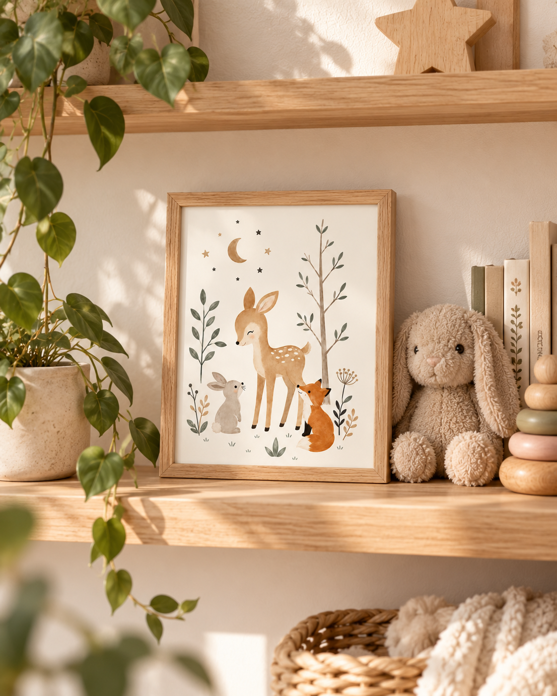 Woodland nursery fawn, fox and rabbit with moon, stars and sage foliage styled in a shelf display