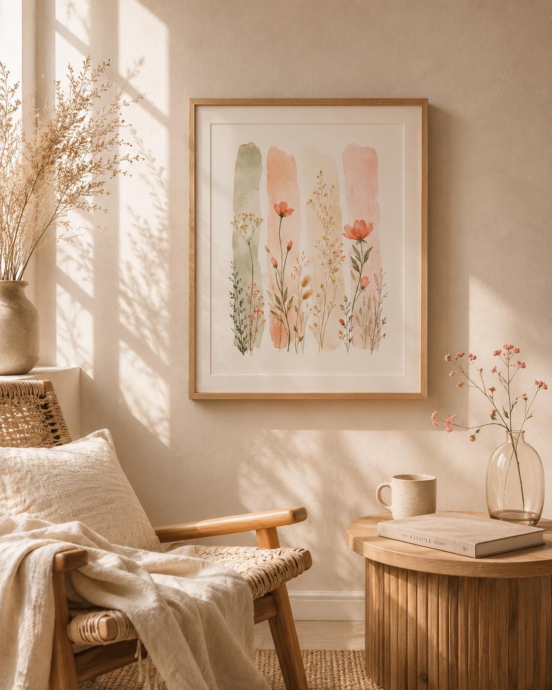 Neutral botanical wall art print styled room mockup