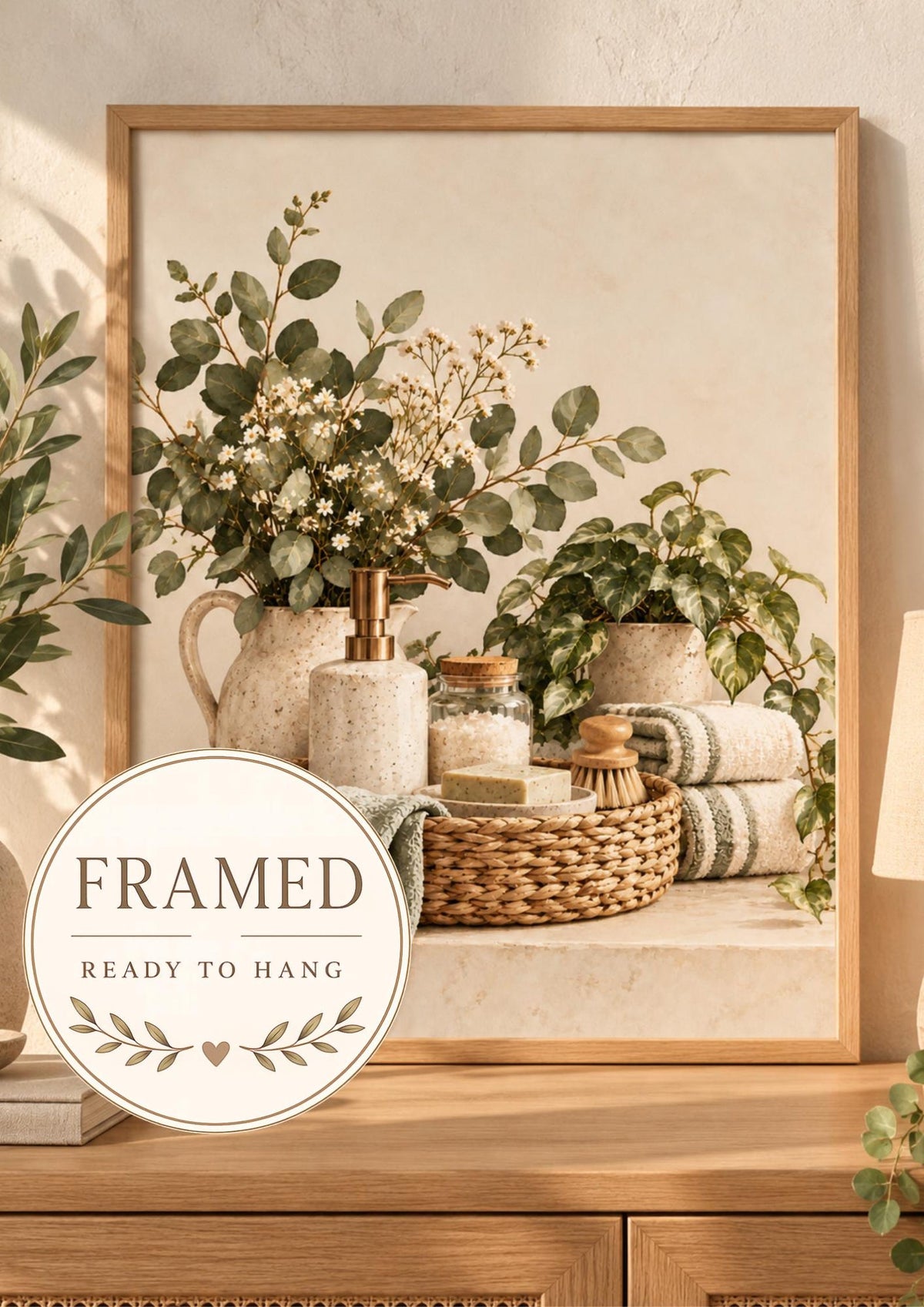 Botanical bathroom framed print — front image, ready to hang