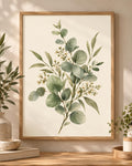 Sage green eucalyptus and delicate white blossom botanical watercolour against a warm cream background; print only, frame not included