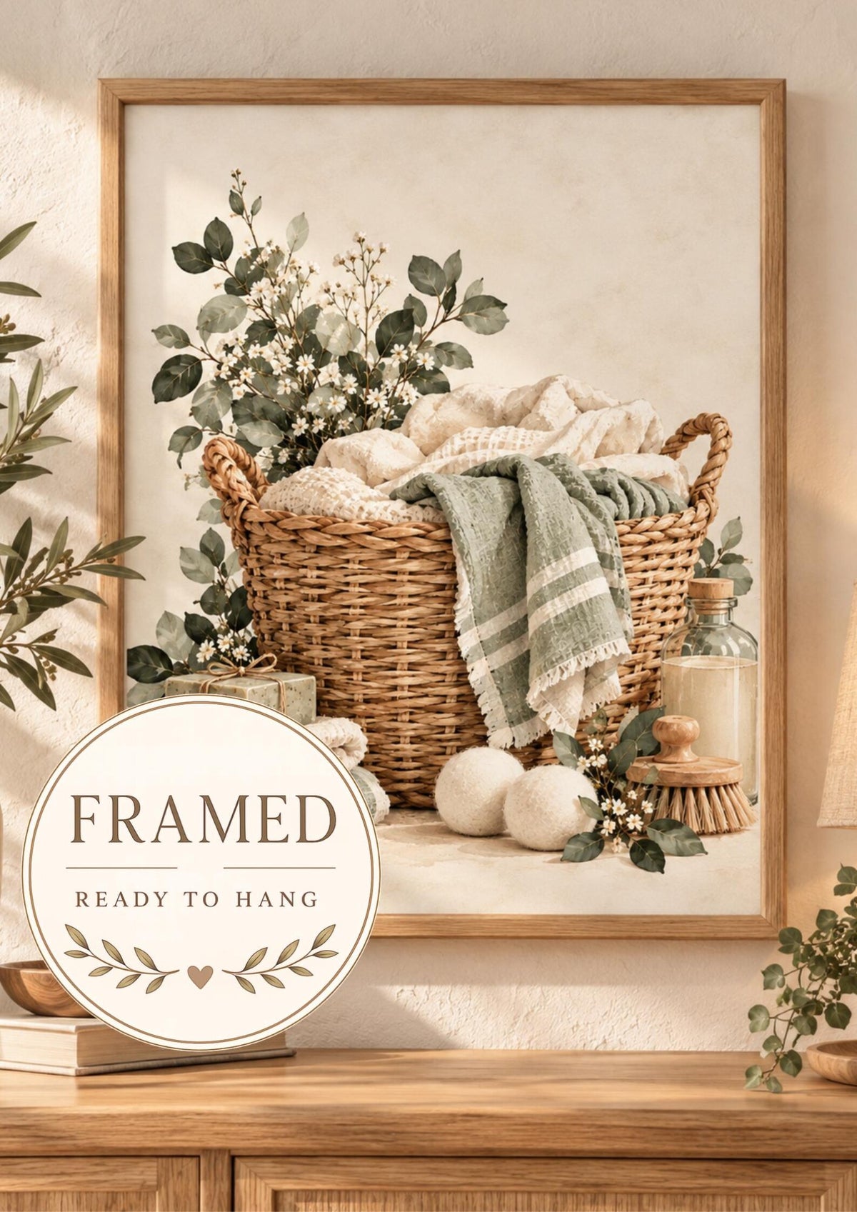 Botanical laundry basket framed print — front image, ready to hang