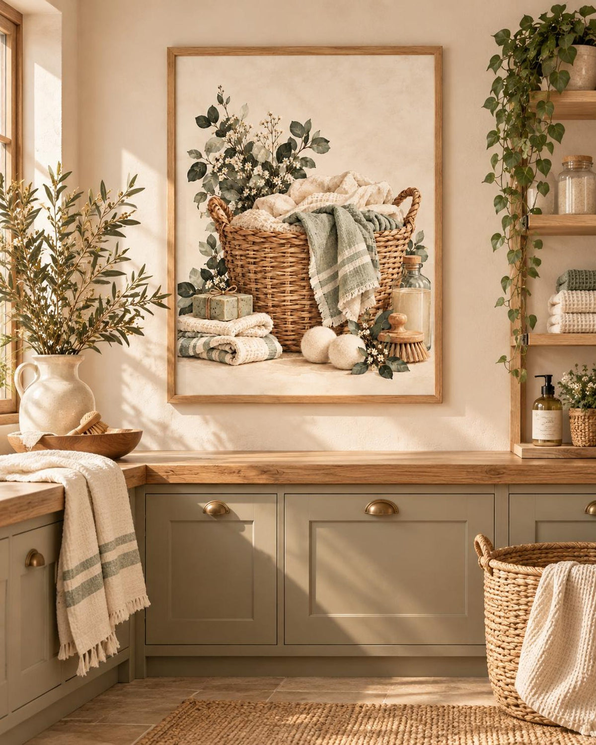 Botanical laundry basket framed print — lifestyle view 1