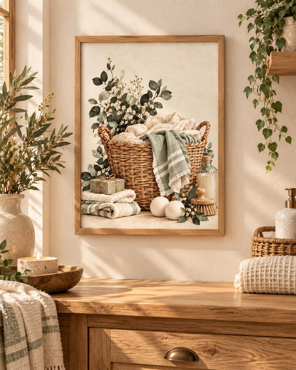 Botanical laundry basket framed print — lifestyle view 3