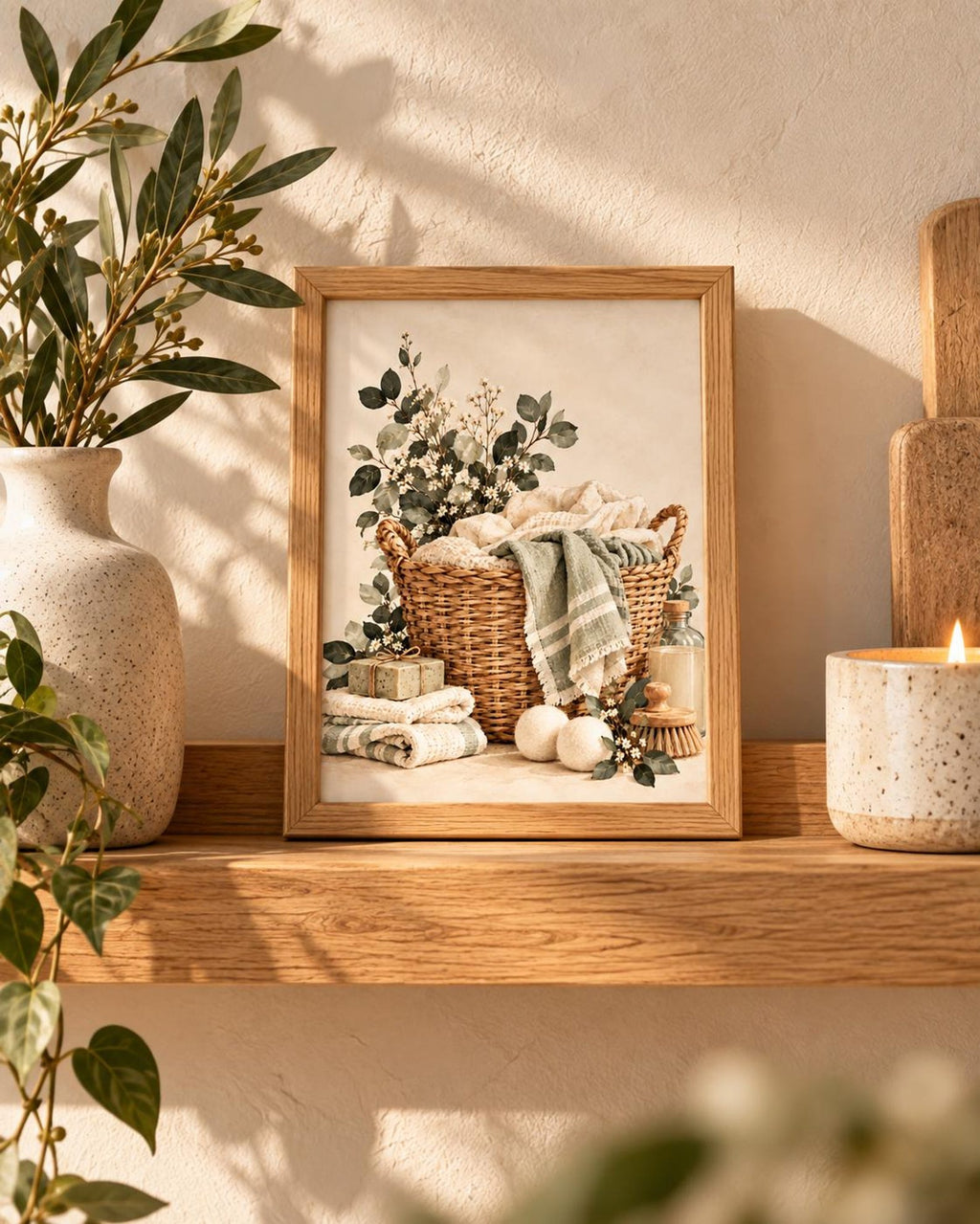 Botanical laundry basket framed print — lifestyle view 5