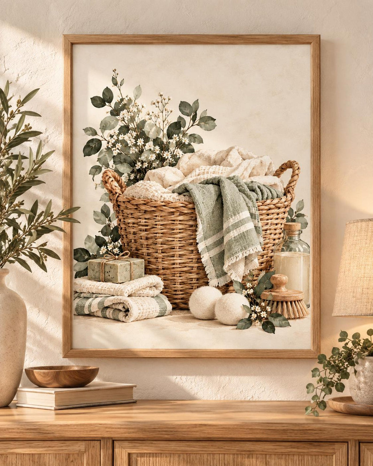 Botanical laundry basket print — front image, frame not included