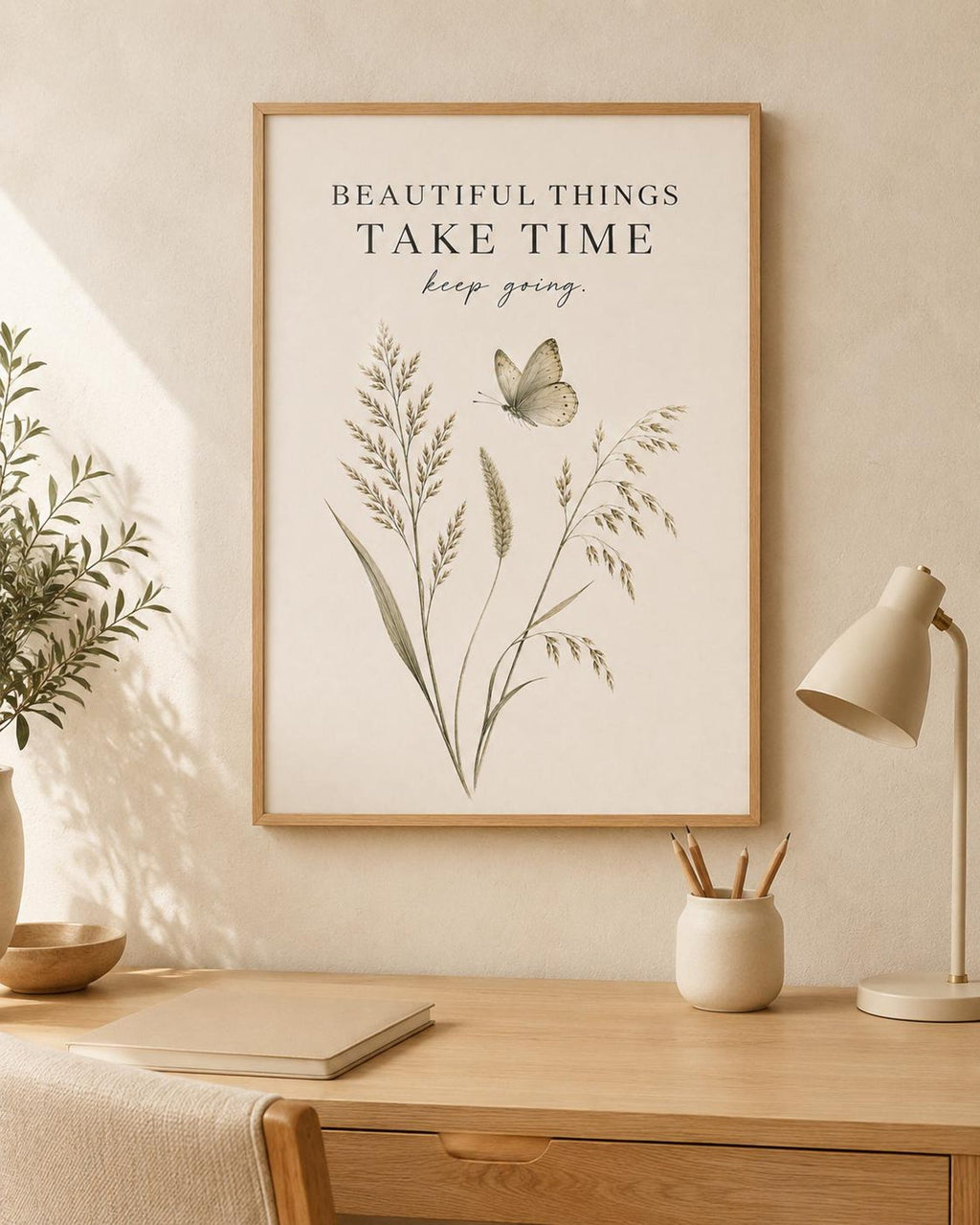 Beautiful Things Take Time butterfly ready-to-hang framed print lifestyle mockup 3