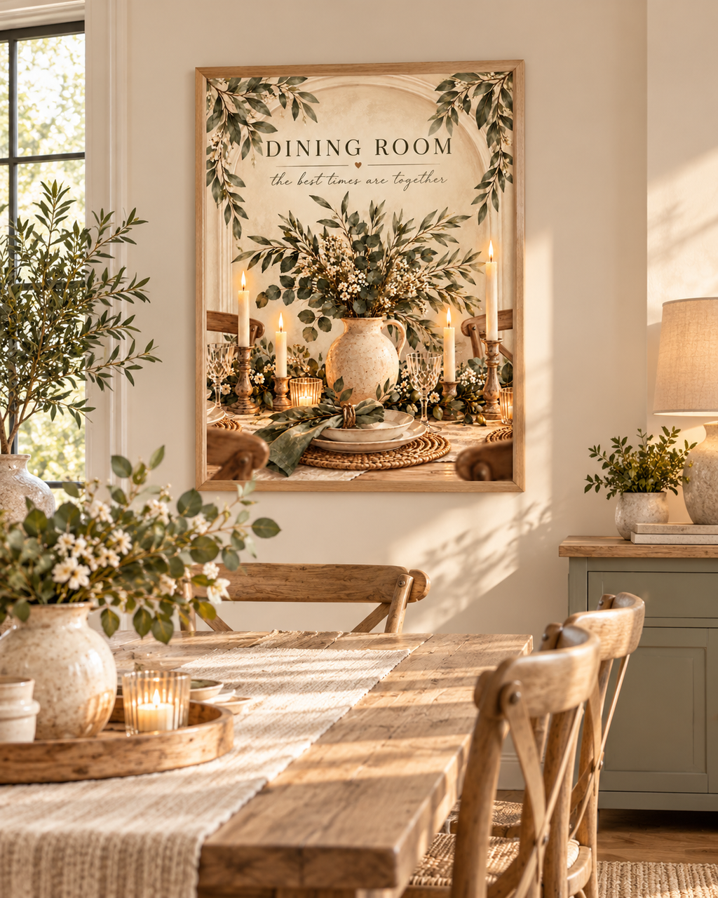 Dining Room the best times are together quote with sage greenery, white flowers, ceramic jug, candles and rustic table setting styled in a dining room