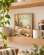 Time Slows Down in the Right Places artwork with flowers, coffee cup, books, vintage clock and wooden heart styled in a kitchen shelf