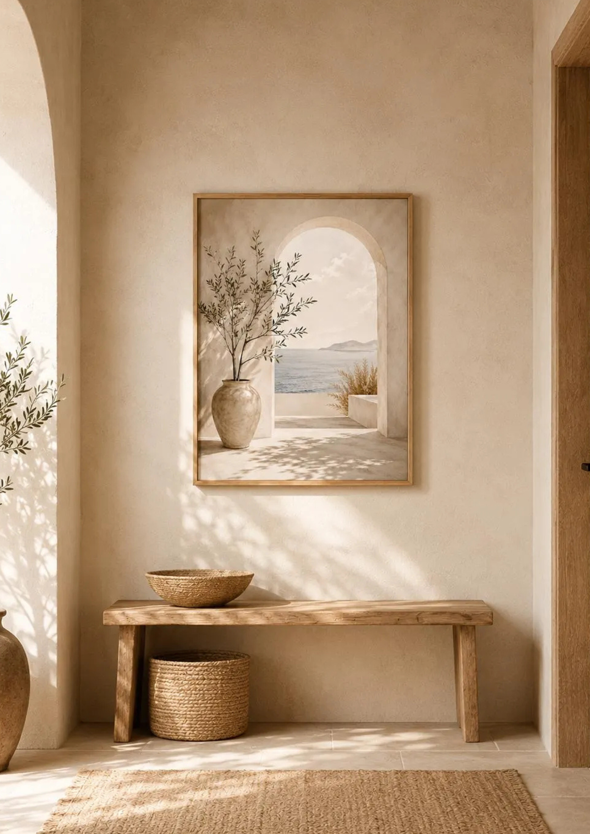 Mediterranean olive tree and stone archway overlooking a calm sea styled in a hallway