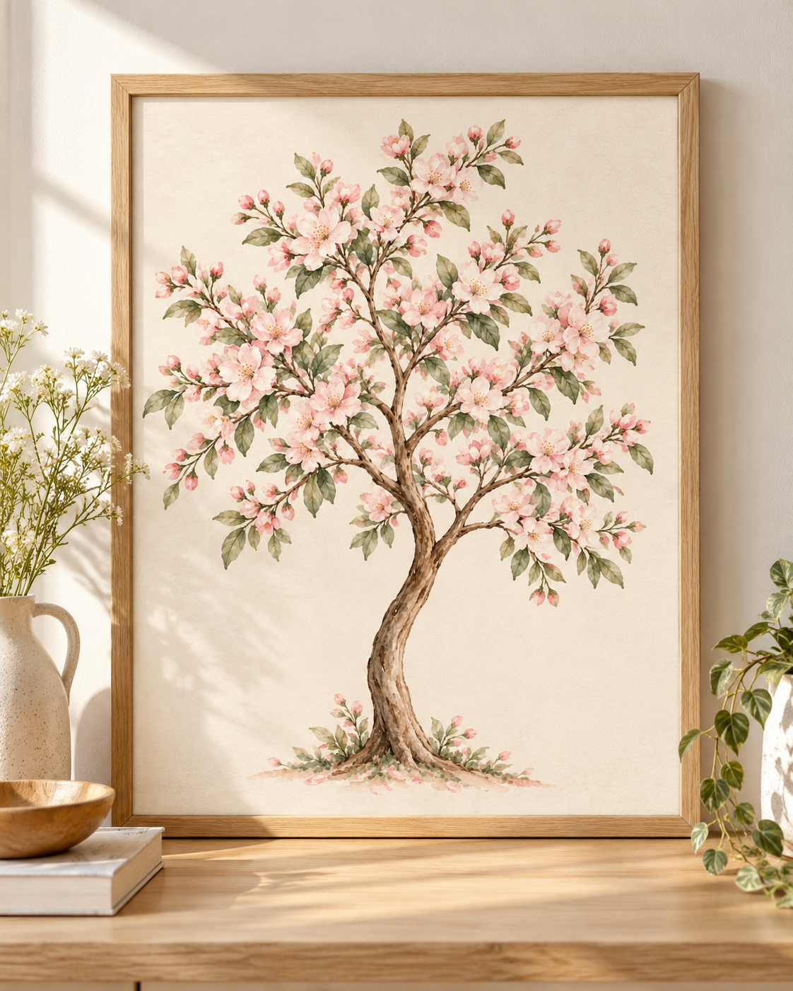 Watercolour flowering tree with blush pink blossoms, muted green leaves and a curved brown trunk on warm ivory; print only, frame not included
