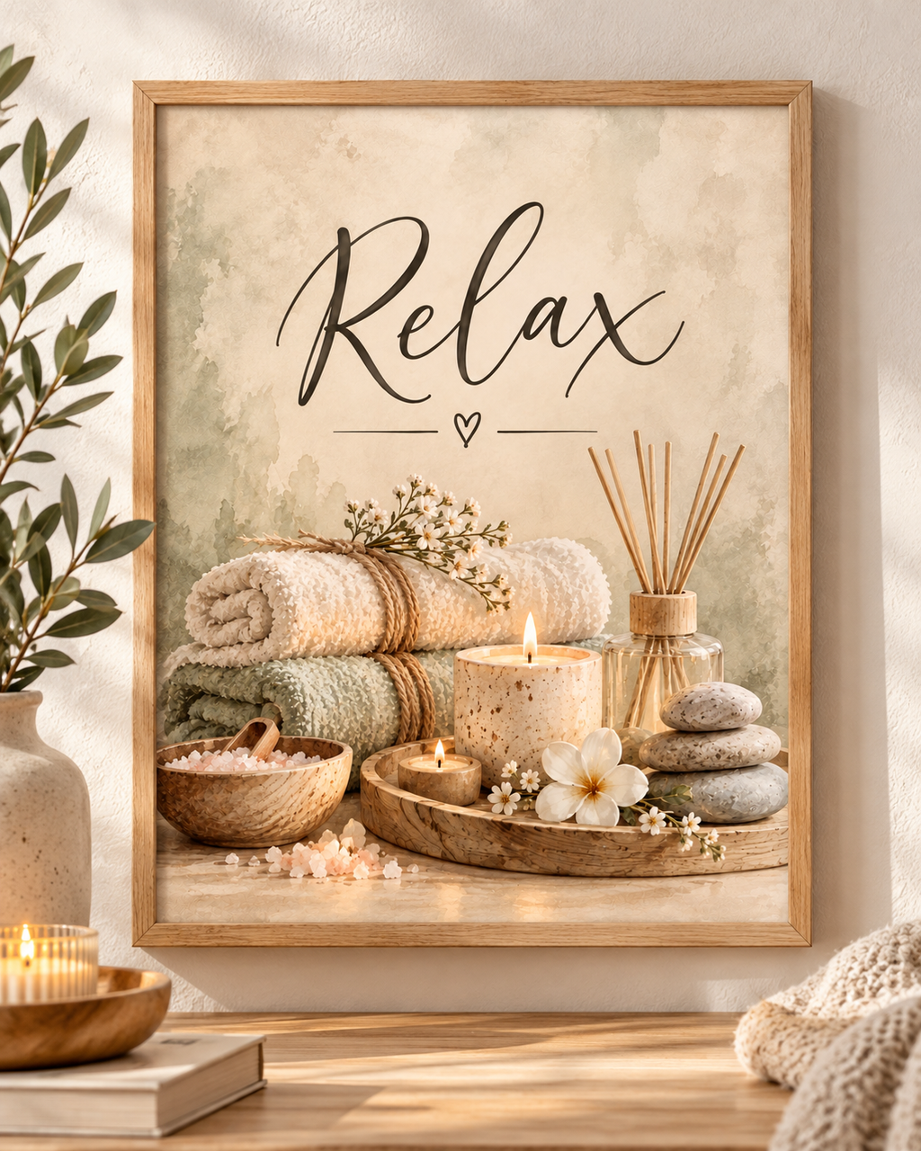 Relax spa artwork with candles, rolled towels, reed diffuser and smooth stones; print only, frame not included