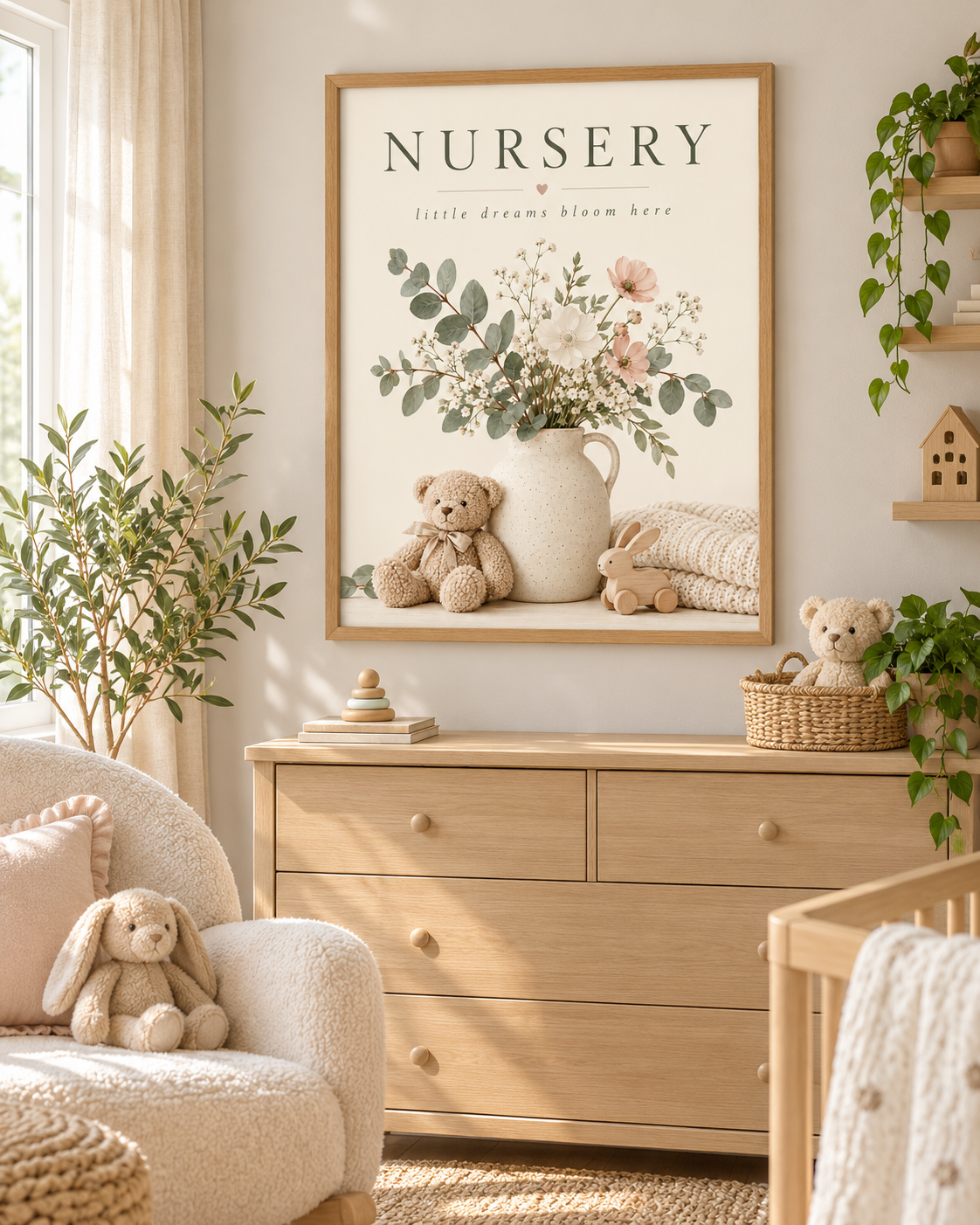 NURSERY little dreams bloom here artwork with cream and blush flowers, sage foliage, ceramic jug, teddy bear, wooden bunny and knitted blanket styled in a nursery chest of drawers area
