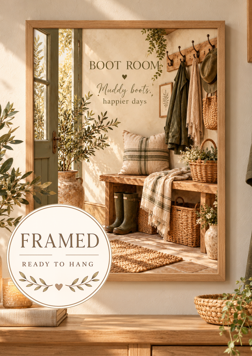 Boot Room quote, Muddy boots happier days, with wellies, rustic bench, woven baskets and country entryway details; framed and ready to hang badge