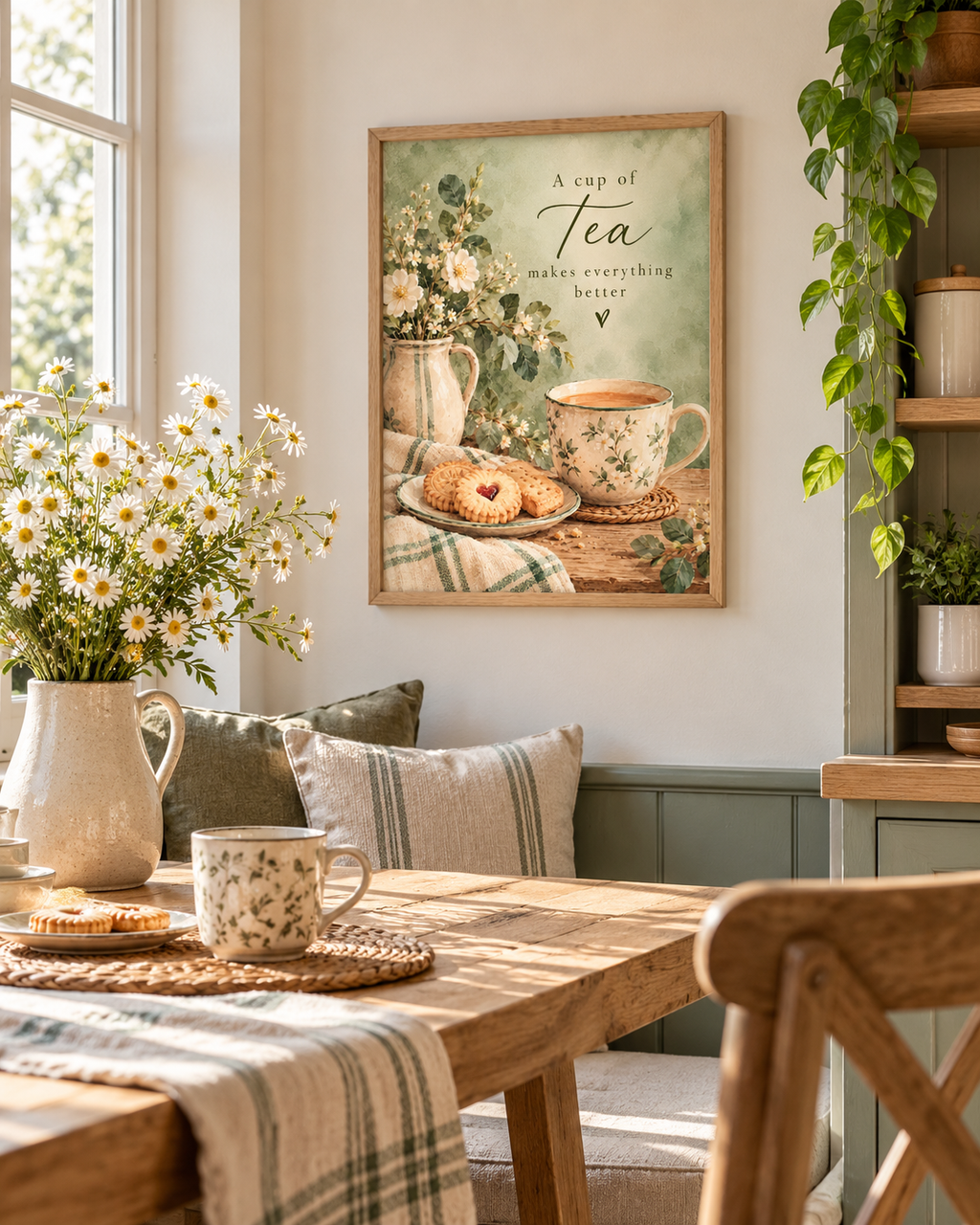 A cup of tea makes everything better quote with floral teacup, biscuits, daisies, ceramic jug and sage green background styled in a breakfast nook