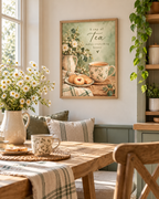 A cup of tea makes everything better quote with floral teacup, biscuits, daisies, ceramic jug and sage green background styled in a breakfast nook