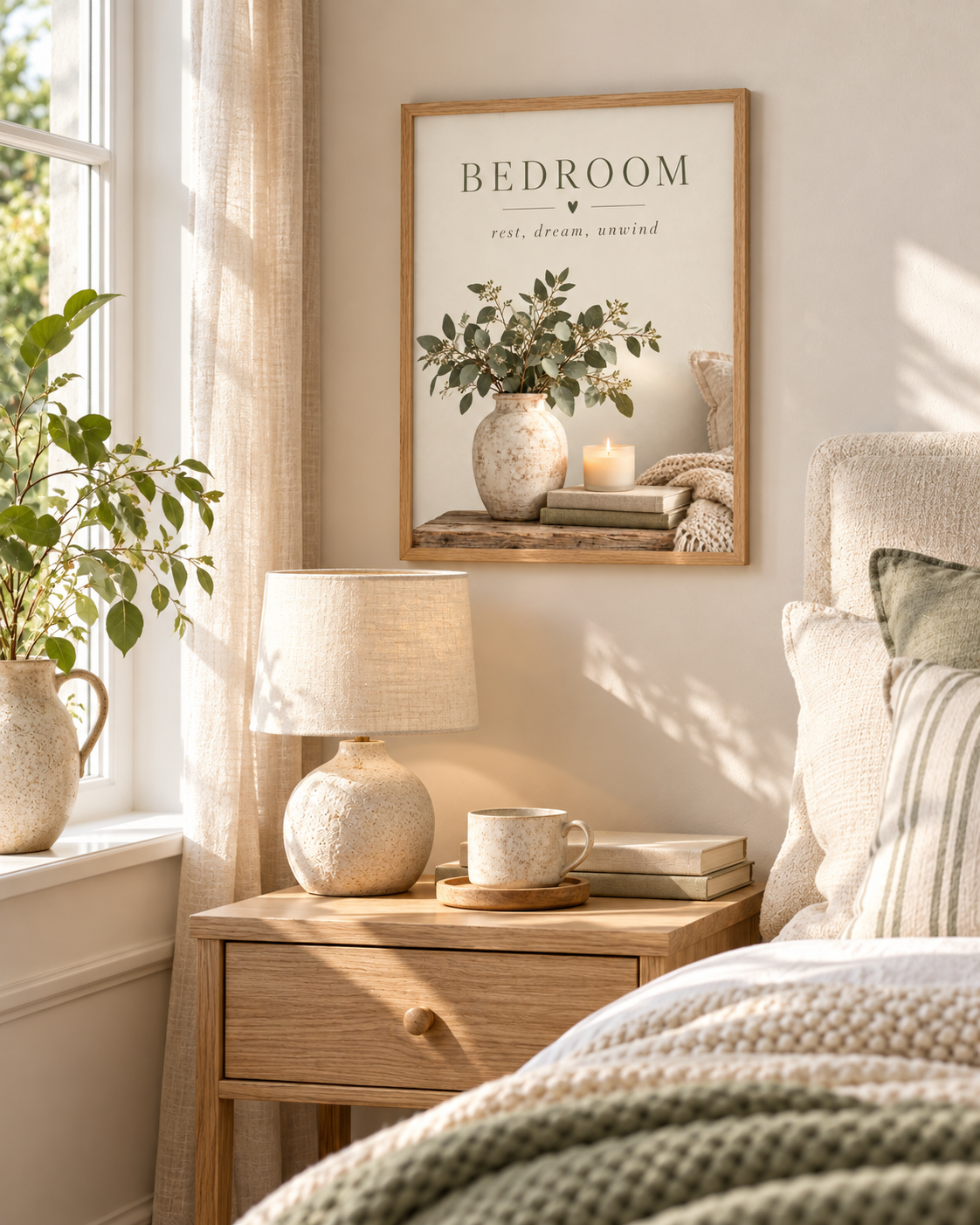 Bedroom rest dream unwind botanical artwork with eucalyptus, ceramic vase, candle, books and knitted blanket styled in a bedside