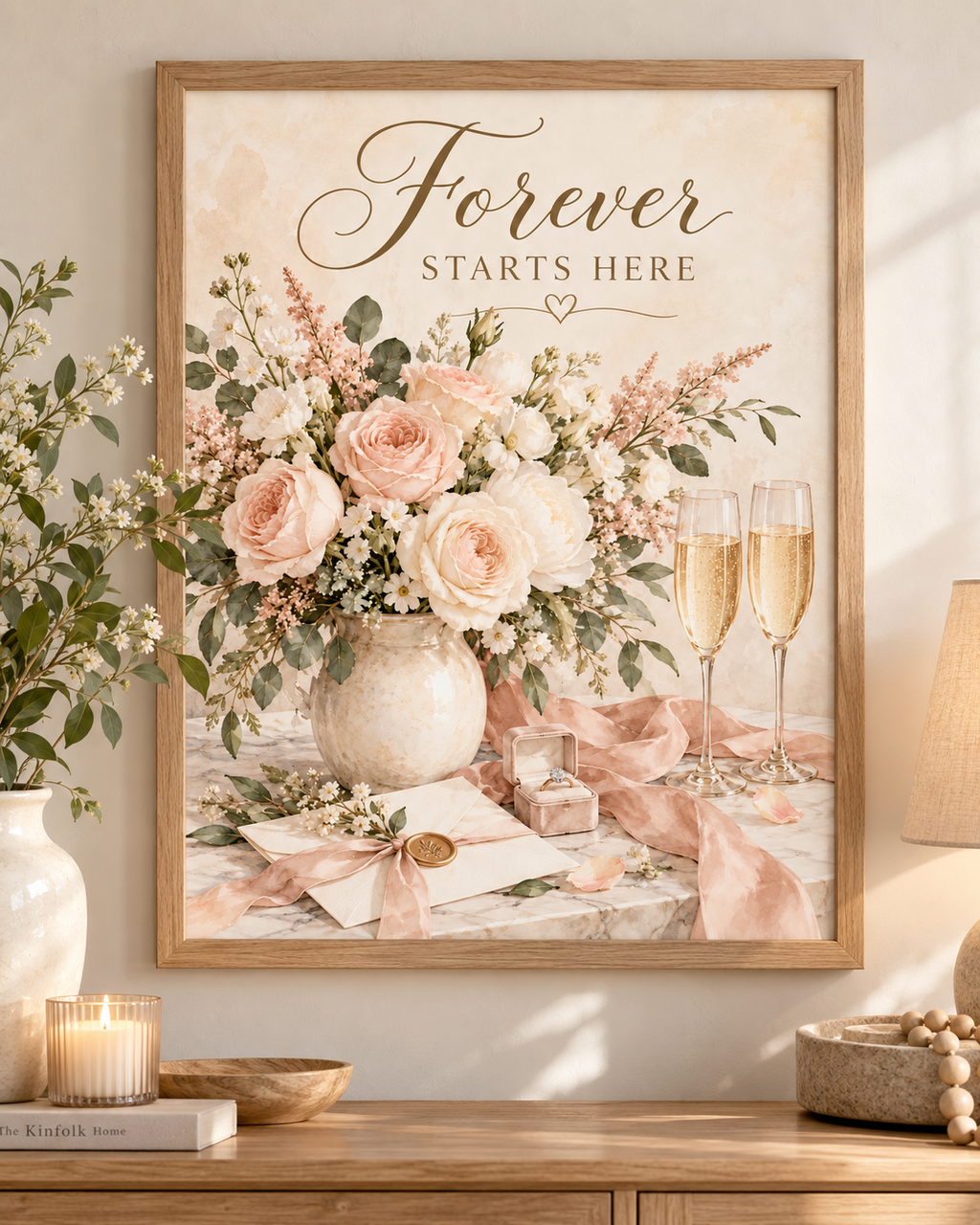 Forever Starts Here wedding artwork with blush and ivory roses, muted green foliage, champagne glasses, engagement ring, ribbons and wedding stationery; print only, frame not included