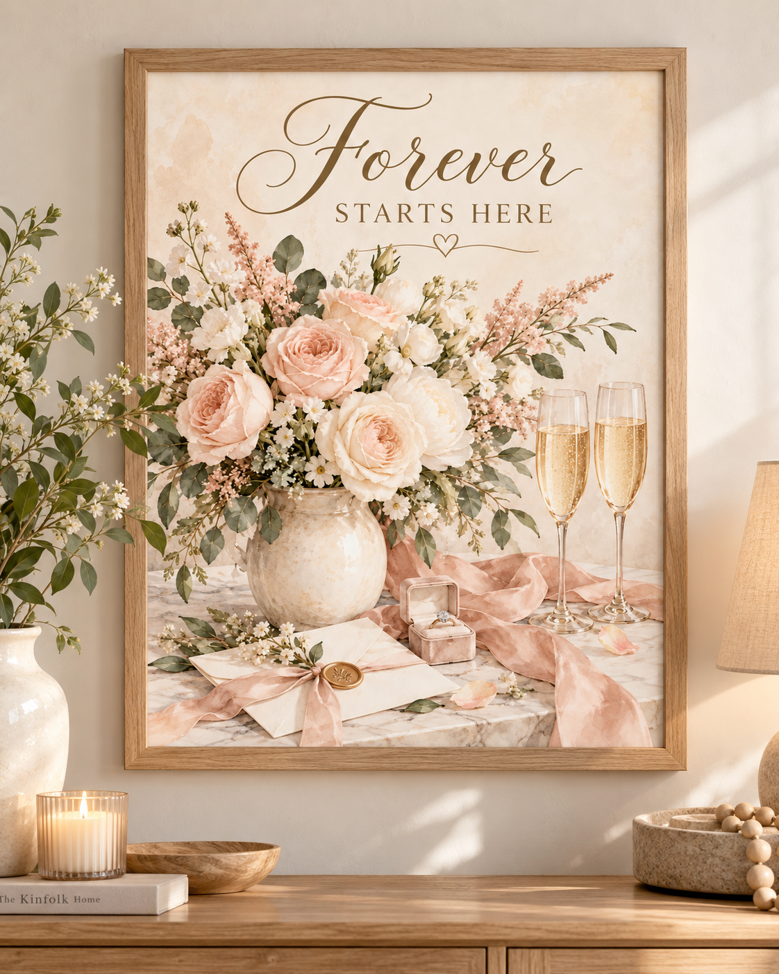 Forever Starts Here wedding artwork with blush and ivory roses, muted green foliage, champagne glasses, engagement ring, ribbons and wedding stationery; print only, frame not included