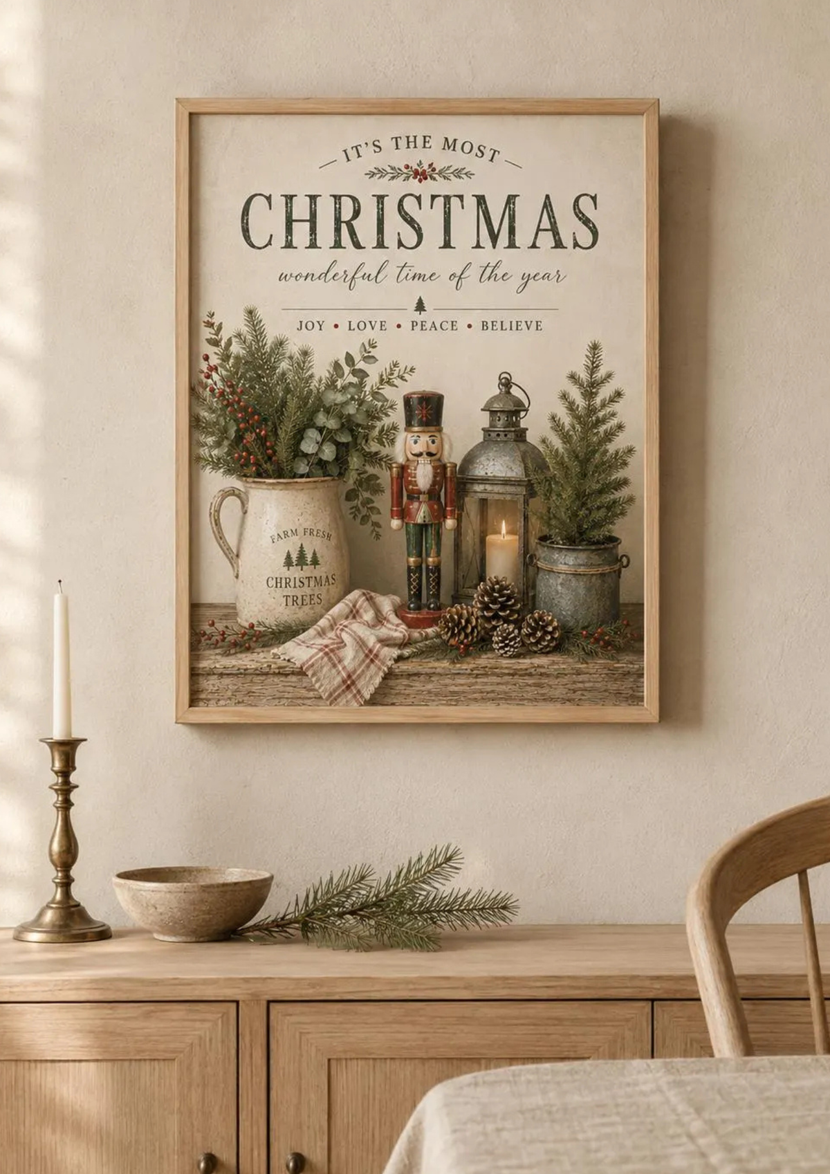 Rustic Christmas nutcracker, evergreen foliage, red berries and candlelit lantern beneath vintage Christmas typography styled in a dining area
