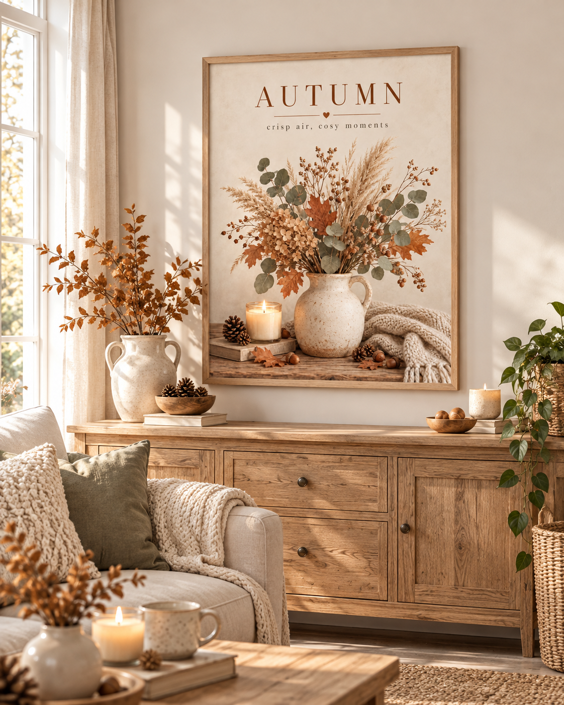 Autumn crisp air cosy moments artwork with dried flowers, eucalyptus and grasses in a rustic vase, candle and knitted blanket styled in a living room