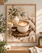 Cosy cappuccino with latte art, ceramic vase, candle and neutral knitted textures; print only, frame not included