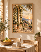 Mediterranean coast with sunset, flowers and Good Things Take Time quote styled in a dining area