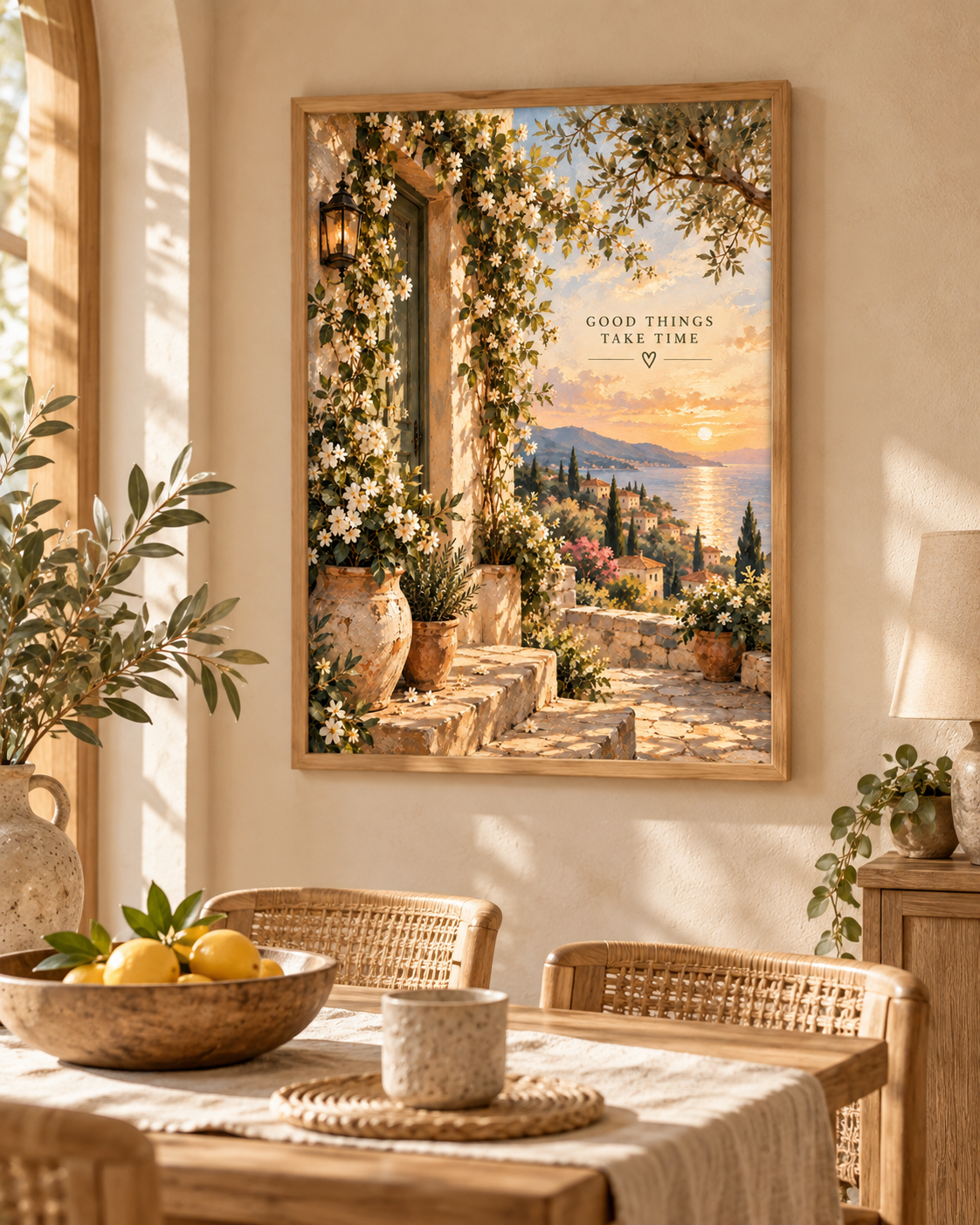 Mediterranean coast with sunset, flowers and Good Things Take Time quote styled in a dining area