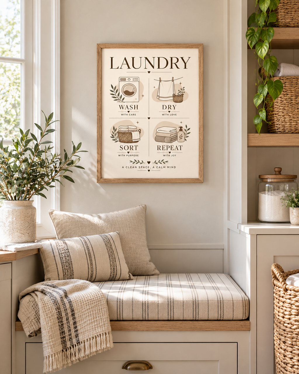 Wash Dry Sort Repeat laundry artwork with washing machine, drying line, woven basket, folded towels and botanical sprigs styled in a laundry nook
