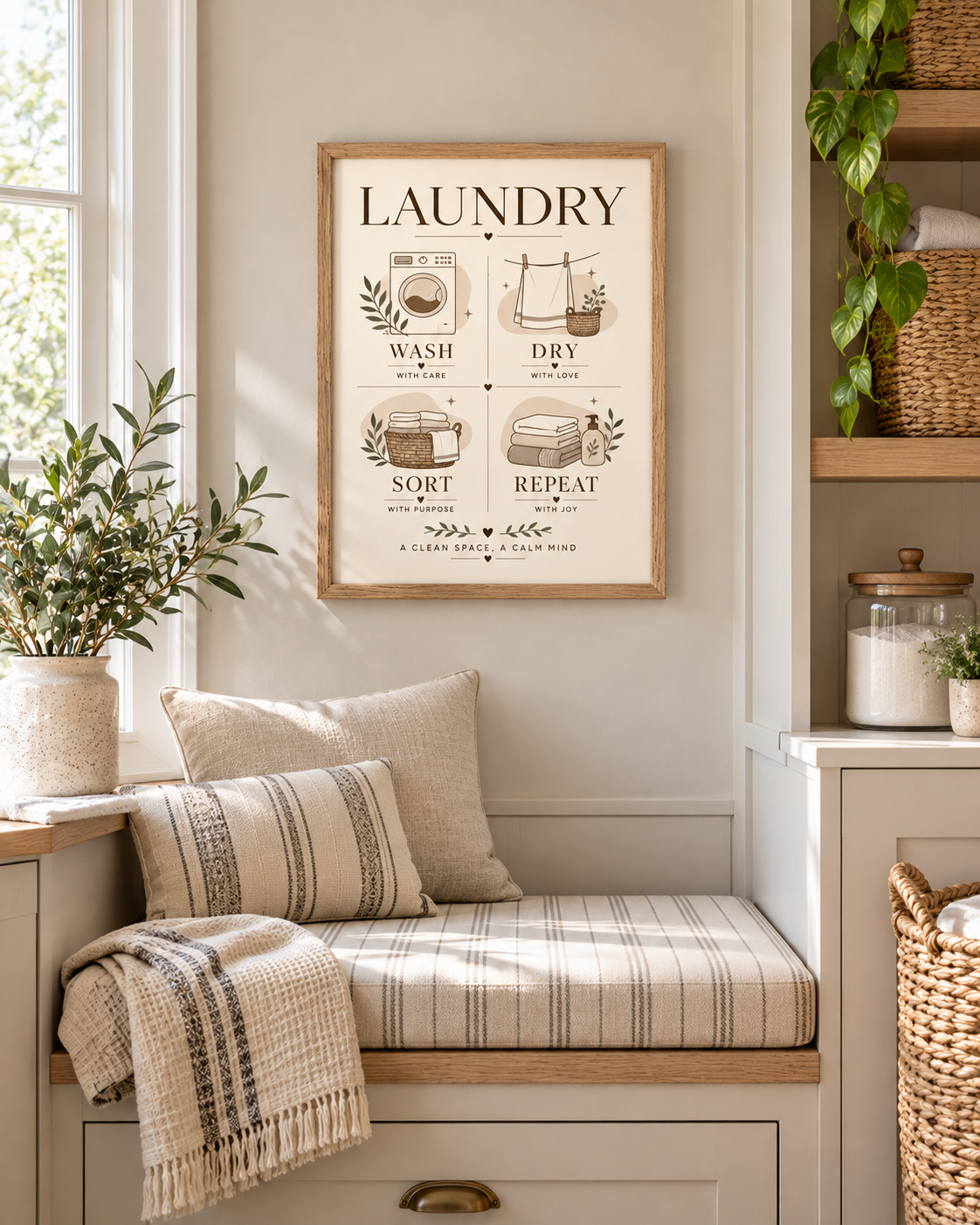 Wash Dry Sort Repeat laundry artwork with washing machine, drying line, woven basket, folded towels and botanical sprigs styled in a laundry nook