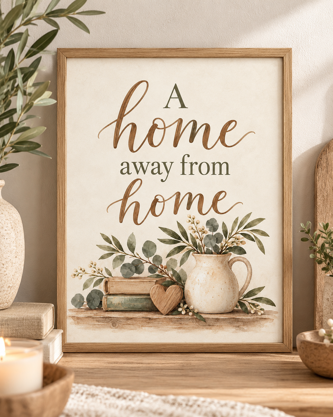 A Home Away From Home quote in warm brown lettering with sage-green botanical foliage, vintage books, wooden heart and rustic ceramic jug; print only, frame not included