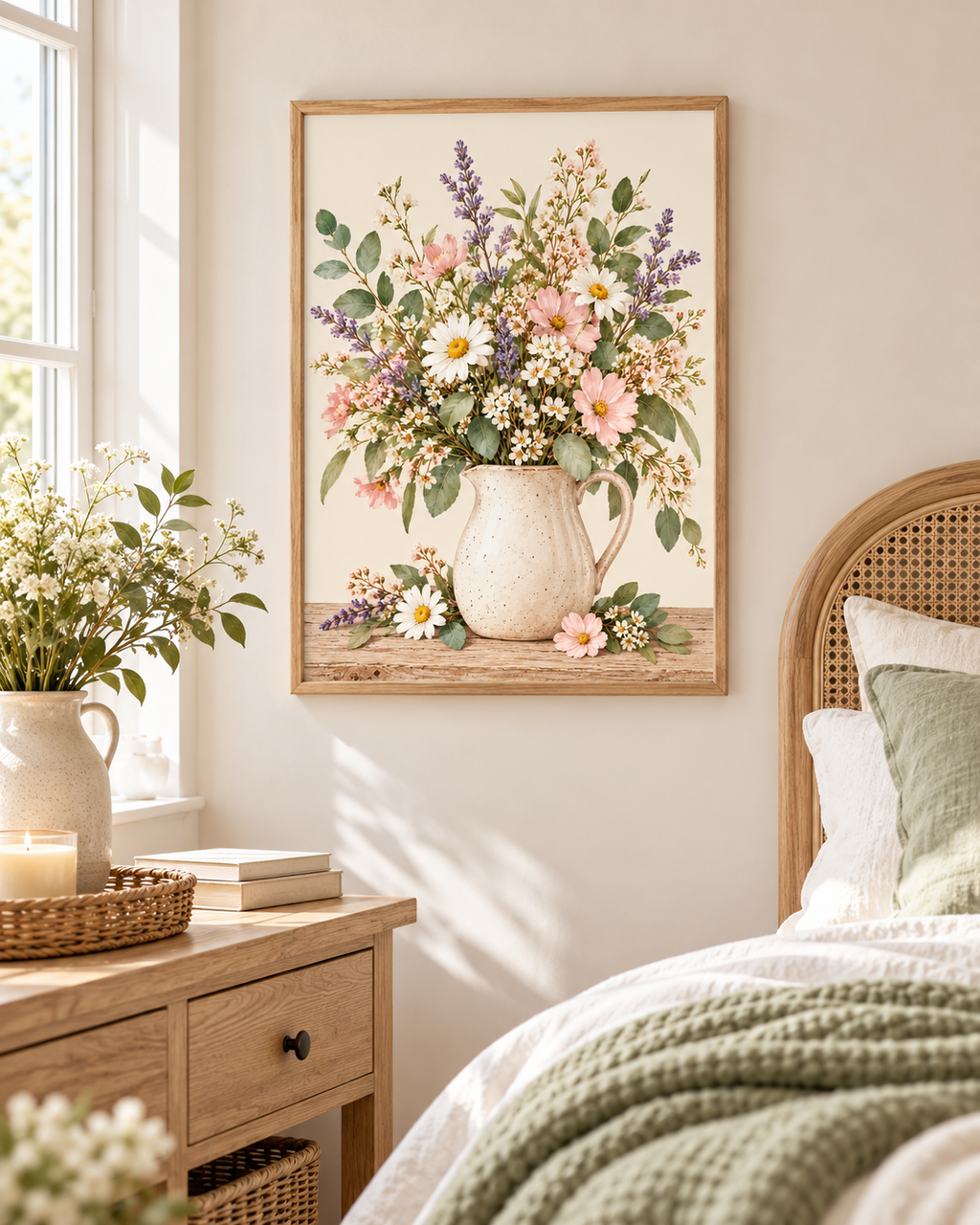 Pink wildflowers and white daisies with lavender stems and green foliage in a cream ceramic jug on a rustic tabletop styled in a bedroom