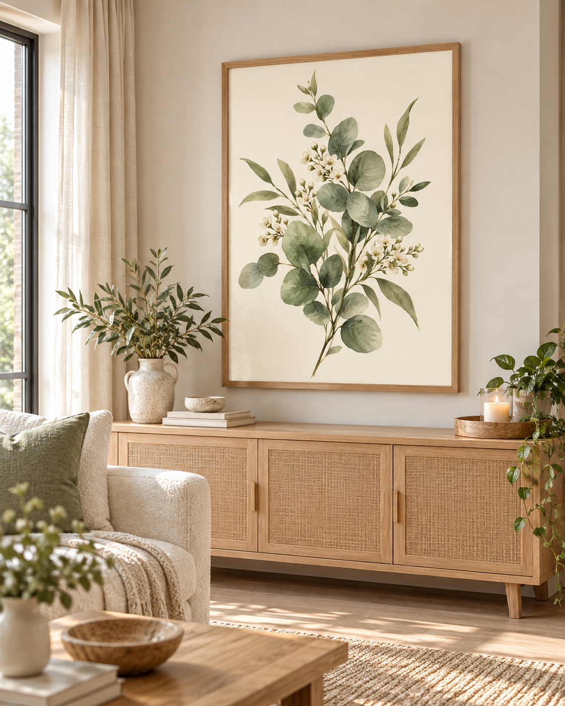 Sage green eucalyptus and delicate white blossom botanical watercolour against a warm cream background styled in a living room