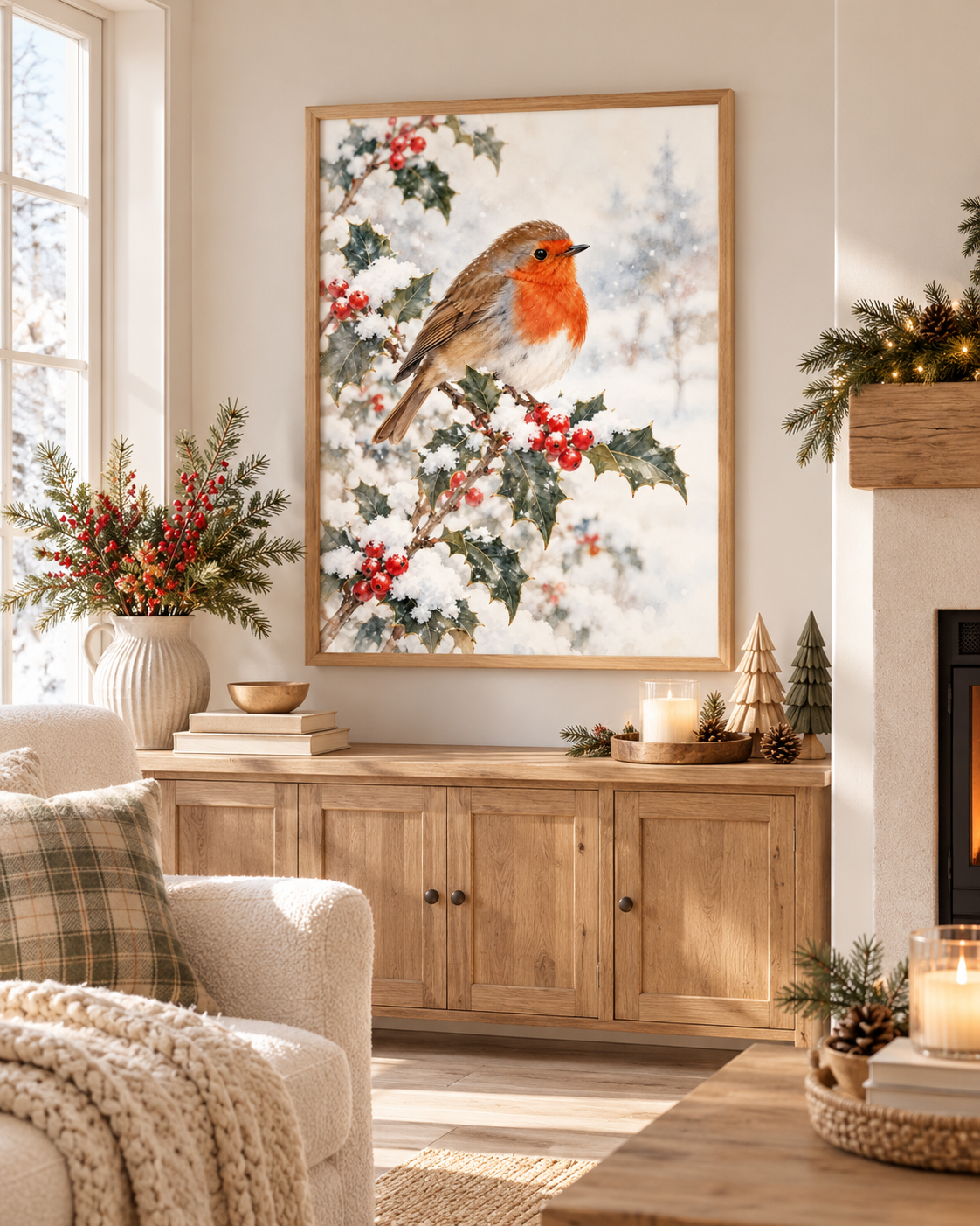 Winter robin perched on snowy holly branches with red berries and a softly painted winter background styled in a living room