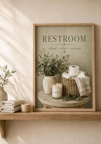 Sage green Restroom artwork styled in a warm neutral bathroom 3; selected frame included.
