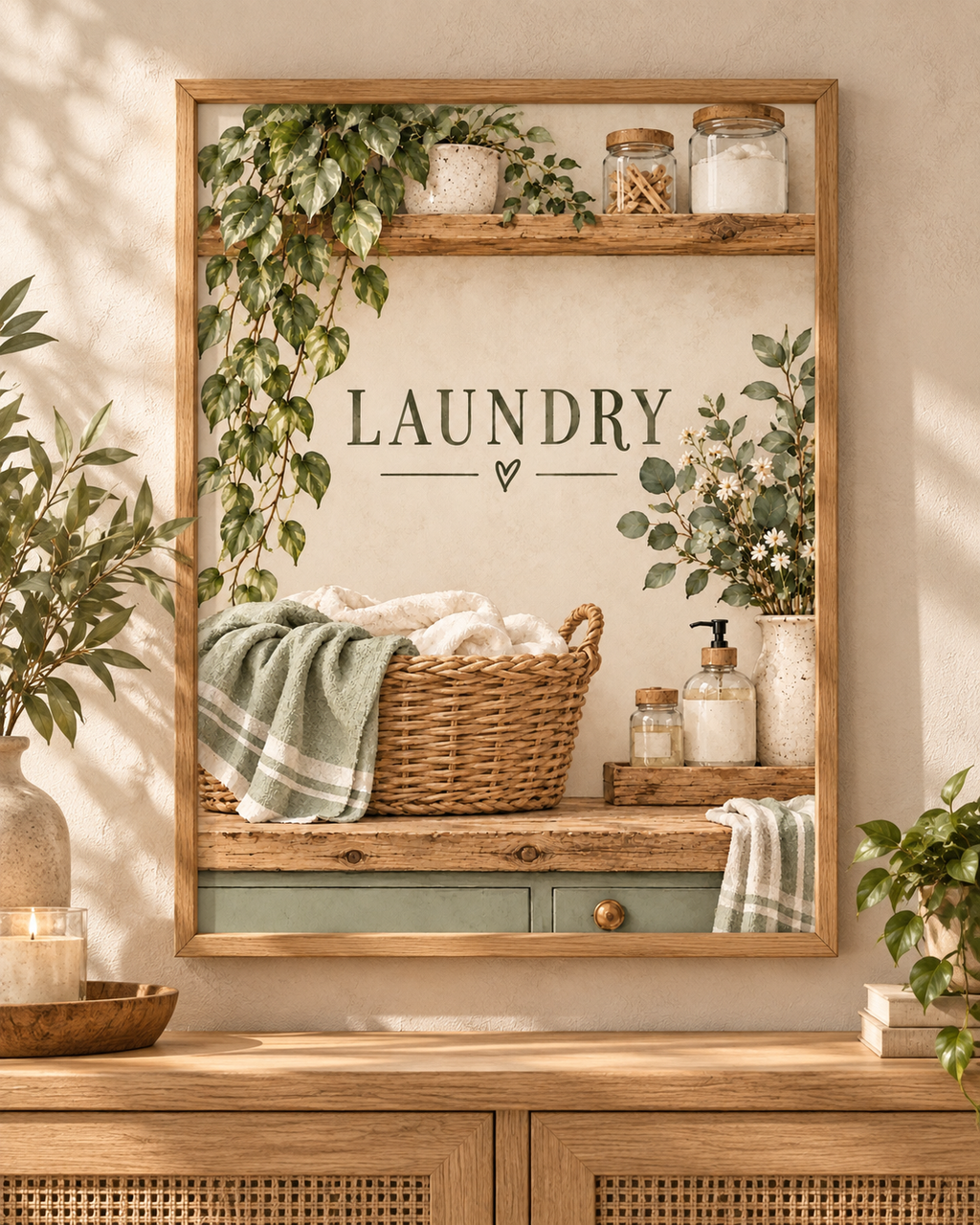 Botanical laundry artwork with LAUNDRY lettering, woven linen basket, trailing greenery, cream flowers and rustic wooden shelves; print only, frame not included