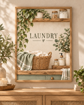 Botanical laundry artwork with LAUNDRY lettering, woven linen basket, trailing greenery, cream flowers and rustic wooden shelves; print only, frame not included