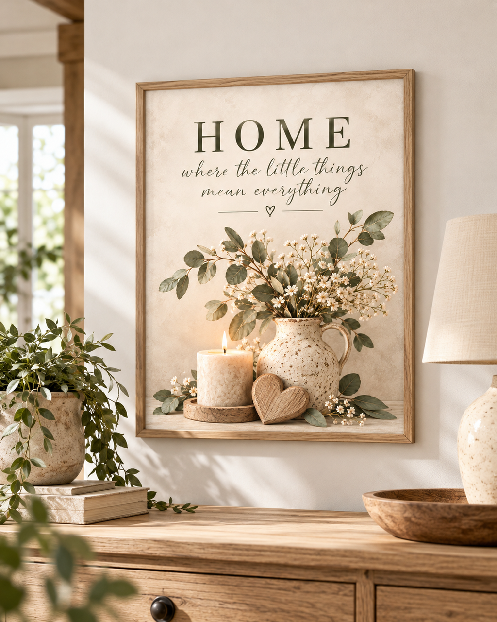 Home quote artwork above a wooden console with a bowl and books