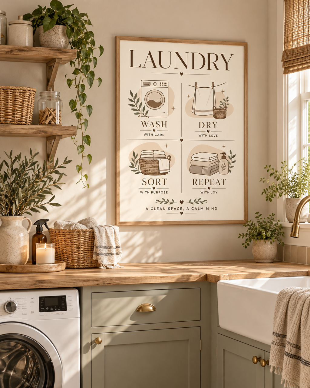 Wash Dry Sort Repeat laundry artwork with washing machine, drying line, woven basket, folded towels and botanical sprigs styled in a utility room