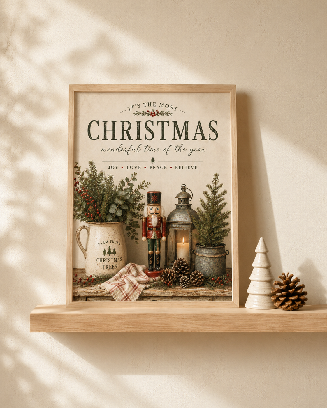 Rustic Christmas nutcracker, evergreen foliage, red berries and candlelit lantern beneath vintage Christmas typography styled in a shelf display