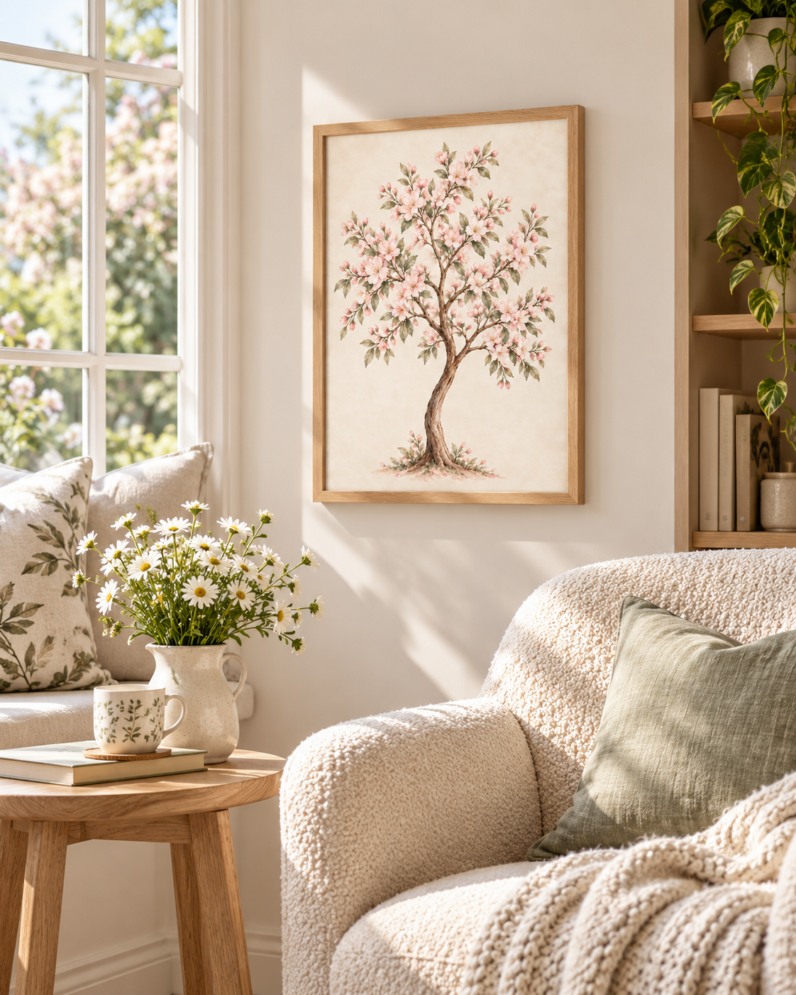 Watercolour flowering tree with blush pink blossoms, muted green leaves and a curved brown trunk on warm ivory styled in a reading corner