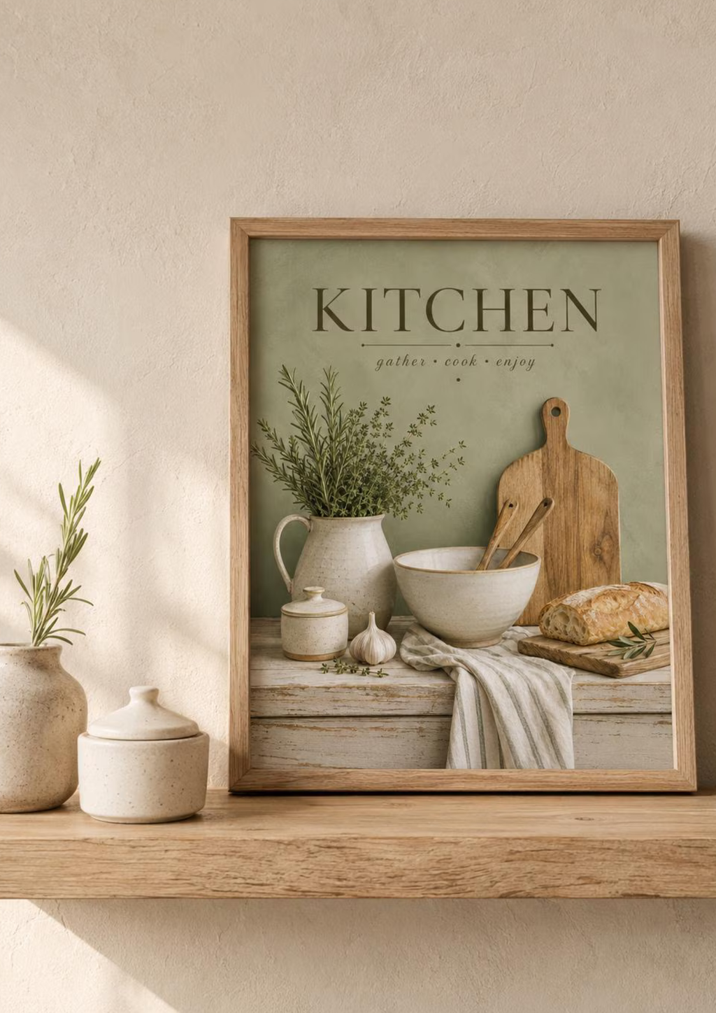 Sage green Kitchen gather cook enjoy artwork with herbs, ceramic jug, mixing bowl, wooden utensils, bread and garlic styled in a shelf display